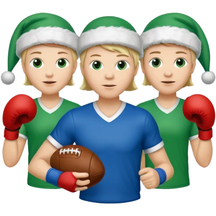 crie a imagem de 3 atletas de modalidades diferentes, usando elementos esportivos, como por exemplo bola, raquete, luvas de luta... e usando um chápeu de papai noel das cores verde e azul. emoji