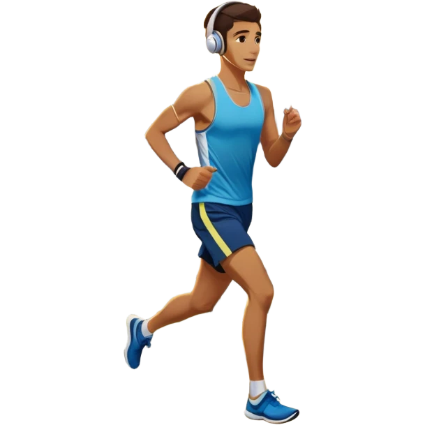 A runner wearing sports headphones jogs along a scenic waterfront promenade. The path is lined with trees, and the calm water reflects the golden hues of sunrise. In the background, a city skyline and distant mountains create a picturesque view. Transparent background enhances the motion. emoji