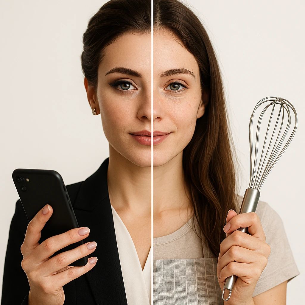 4K hyper realistic split-image of a beautiful woman: left side with elegant makeup, updo, business dress, holding a phone; right side natural, hair down, kitchen apron, holding a whisk, gentle smile, symmetrical, white background, clear contrast emoji