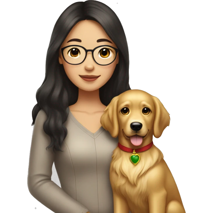 christmas Asian Girl with long glamorous dark brown hair and medium brown eyes and golden eyeglasses holds her pet golden retriever emoji