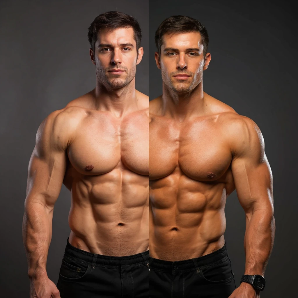 Realistic style image of a shirtless male bodybuilder, half body in mass version, half body in definition version, muscles and skin well highlighted. Neutral background. Relaxed expression. emoji