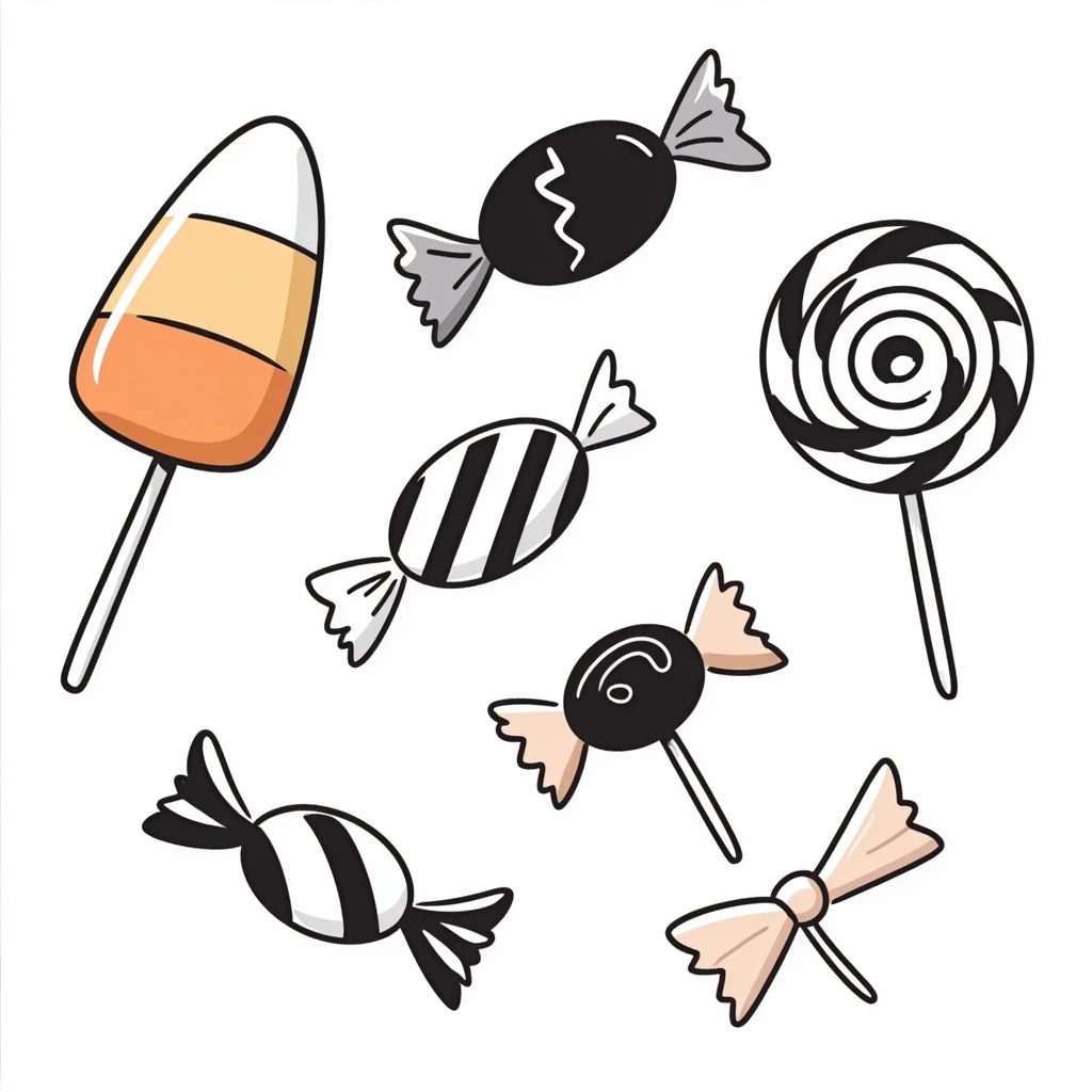Halloween candy assortment with candy corn, wrapped candies, and lollipops in pastel colors (dd9fb0, ffc6d3, a3bfc9, c4bee2, f1b091), hand-drawn doodle style emoji