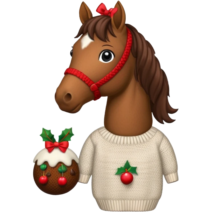 A jumper with à horse and a Christmas pudding with red bows cute emoji