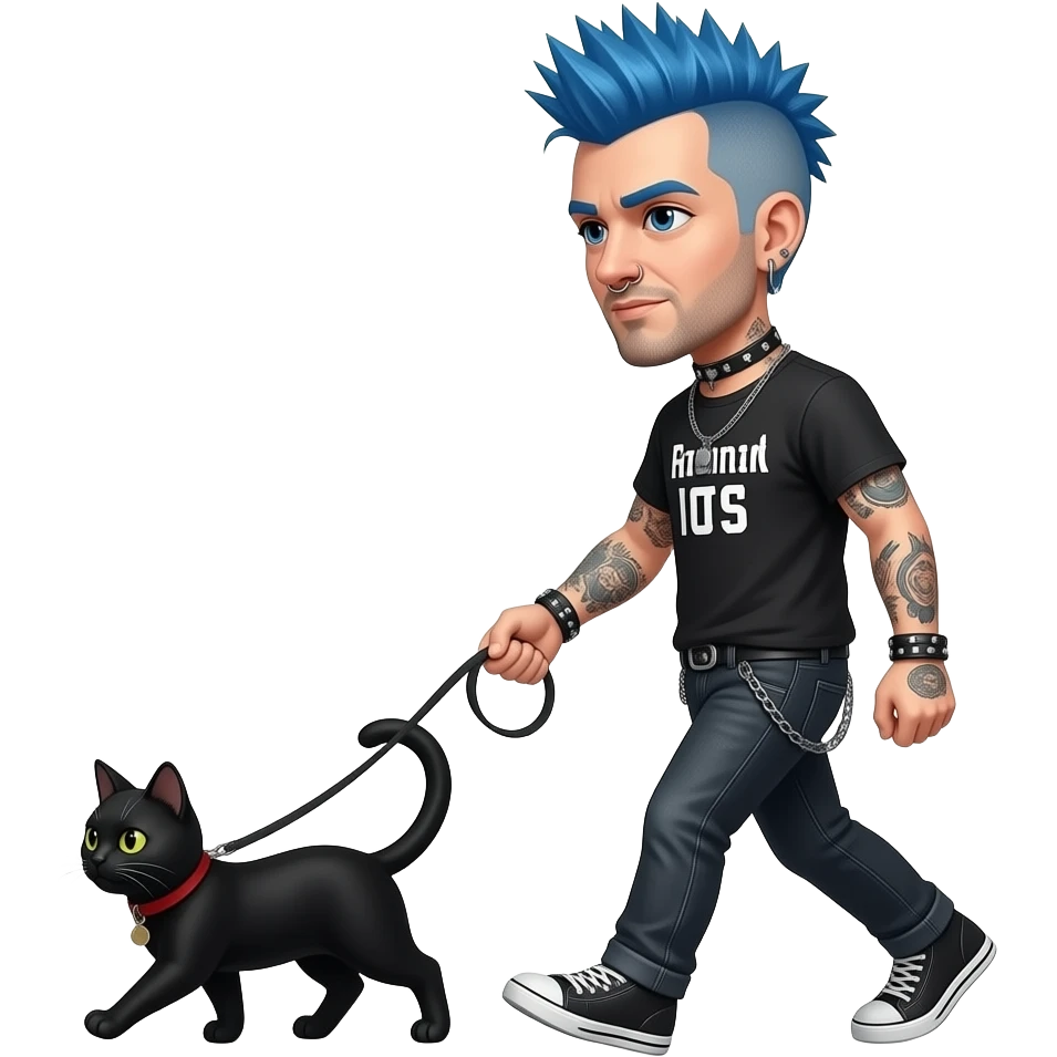 Punk rock Man with blue hair and tattoos and nose ring walking a black cat on leash and his bat fluttering around emoji