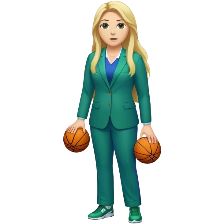 Full Body white plus size female basketball head coach with long blonde hair in a blue and green suit emoji