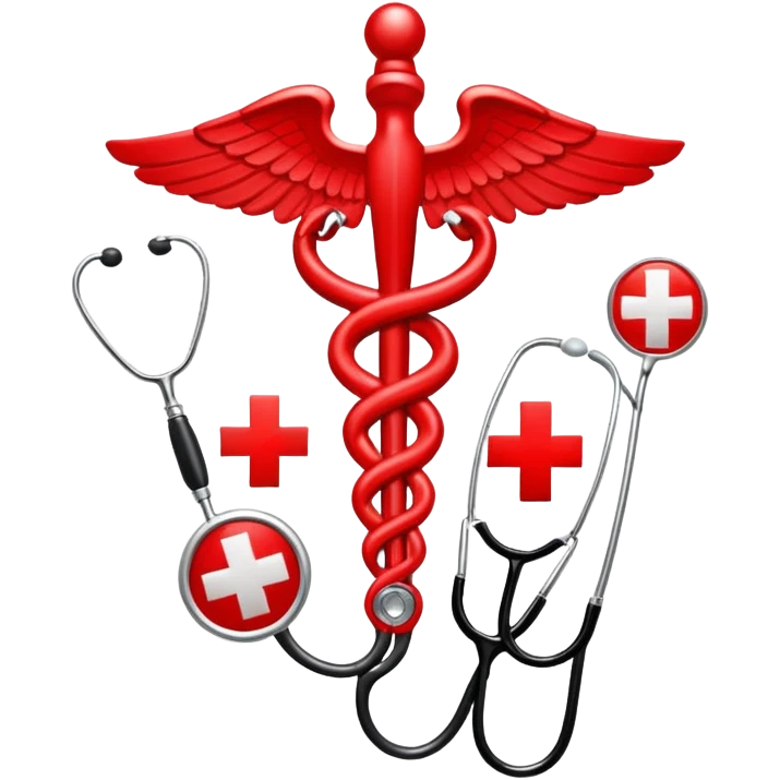 An icon featuring a caduceus (a bowl with a snake), a red cross, and a stethoscope, symbolizing medicine. The design includes medical tools and symbols, representing healthcare, diagnosis, and healing practices. Transparent background highlights the profession and study of medicine. emoji