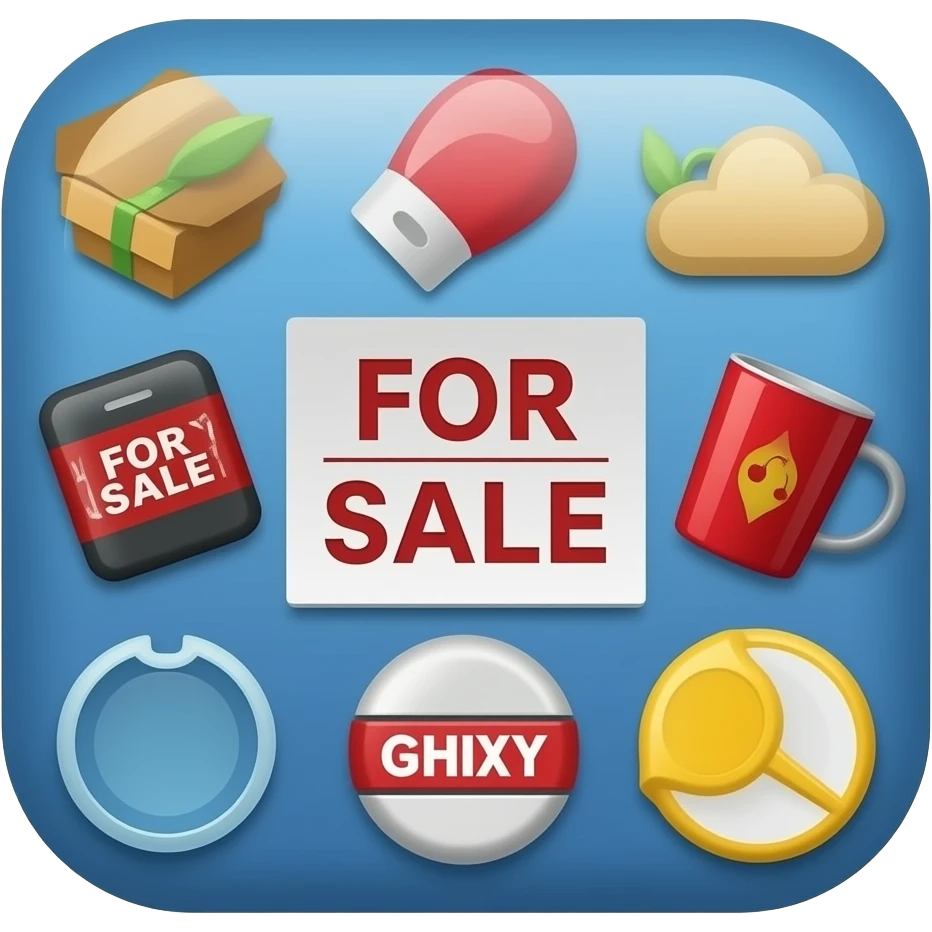 Emoji that show a collage of items which will be used as a for sale button icon with blue background emoji