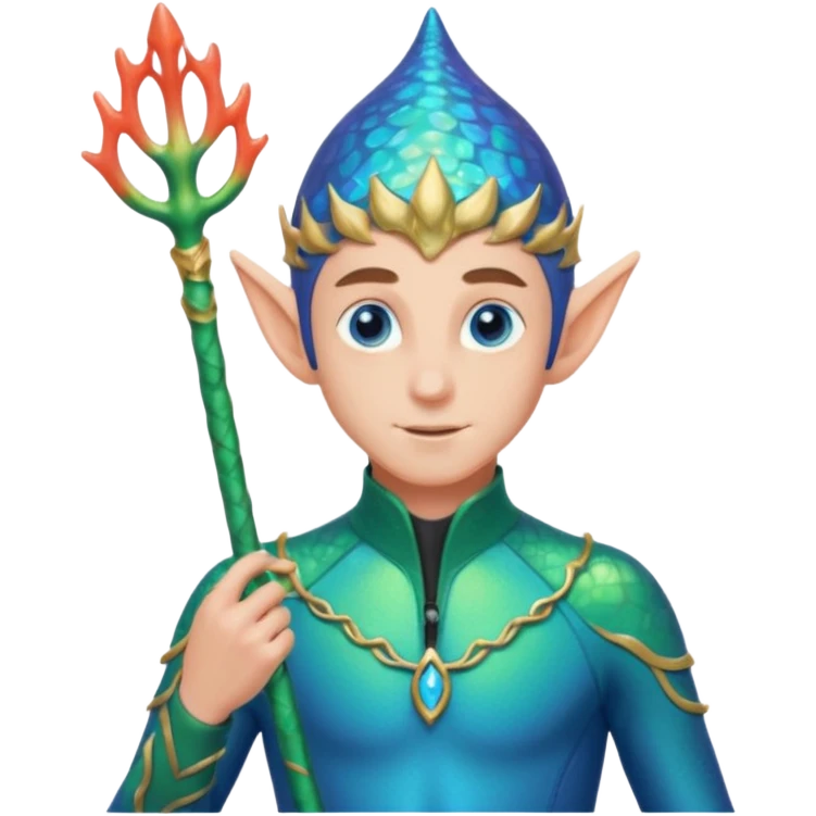 male elf in iridescent wetsuit, coral staff. Gills on neck emoji