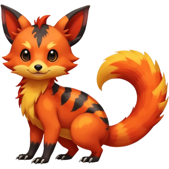 Rare tropical warm-colored exotic cute epic aesthetic colorful Salandit-Eevee-Civet-species-Fakemon-hybrid-creature, with wild fiery markings, full body emoji