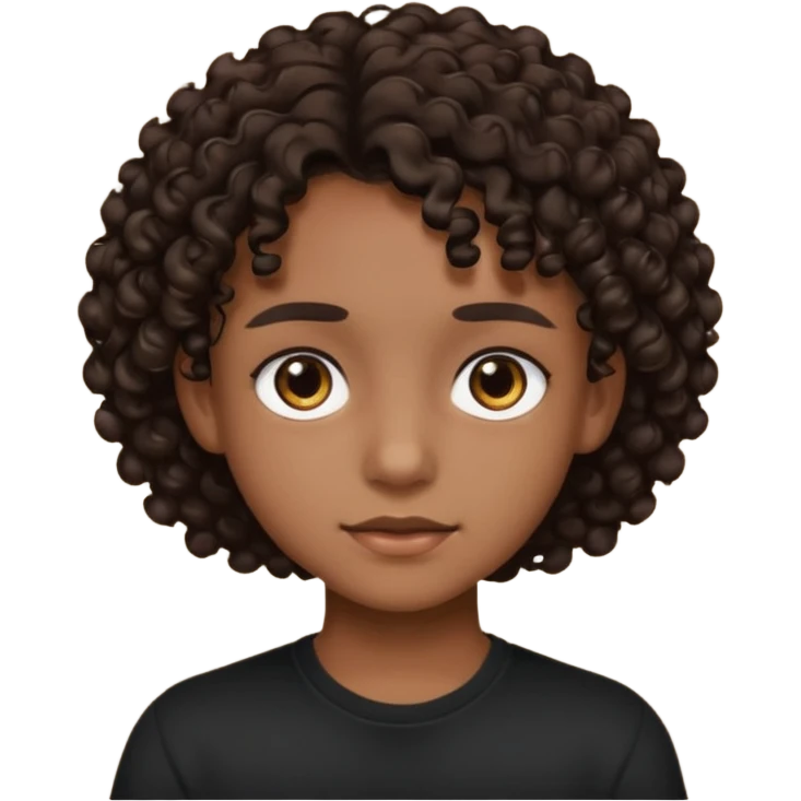 Un adolecente con camisa negra, pelo rizo y corto, corto y de color moreno con ojos negros emoji