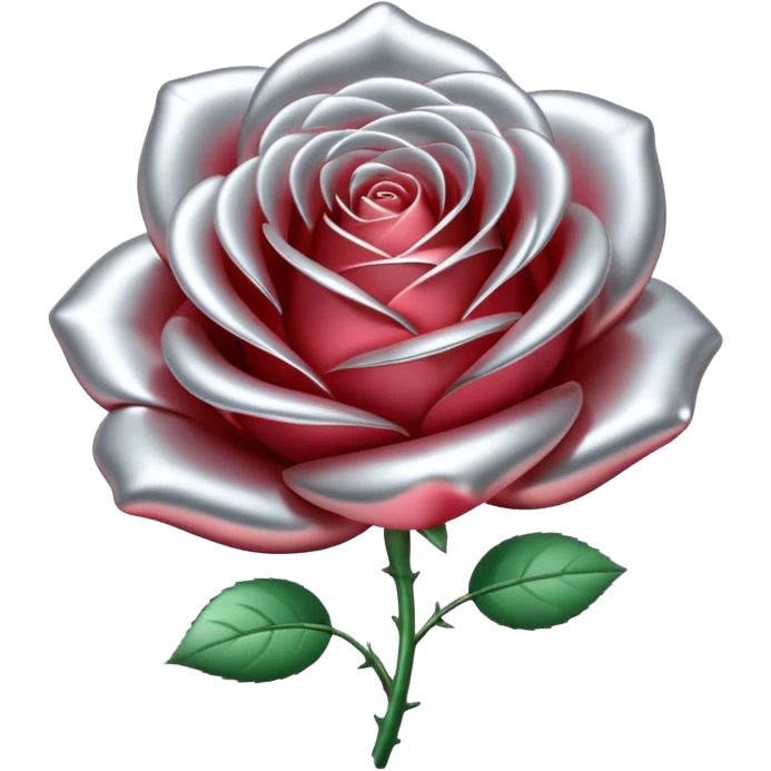 A rose emoji made of liquid silver metal, smooth metallic petals, reflective chrome surface, soft gradients, elegant shape, minimalistic iOS emoji style, centered, clean white background, realistic highlights, no text emoji