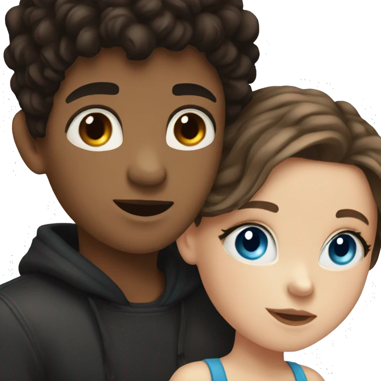 White girl with brown hair and blue eyes and black boy with black hair kissing  emoji
