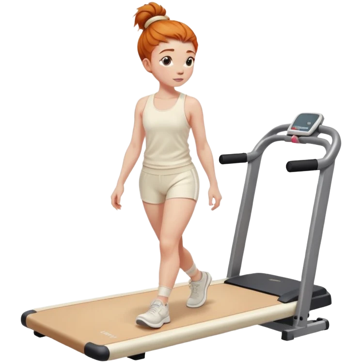 Ginger girl messy bun home gym walking on walking pad cream gym outfit emoji