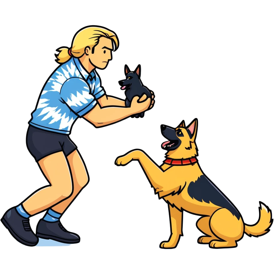 man with long blonde hair wearing tie dye shirt wrestling with German shepherd emoji