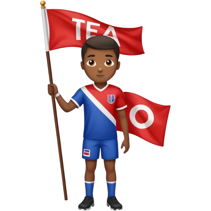 A black boy holding a big team flag, waving it proudly with a determined expression full body emoji