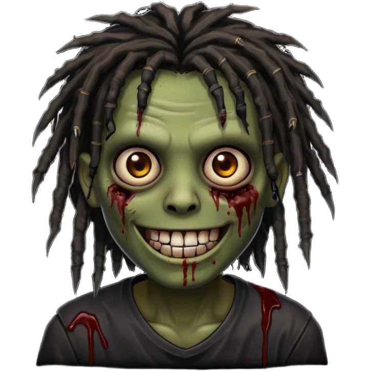 zombie with brown skin, messy black dreads hair, wide centered brown eyes, dark bloody marks under the eyes, and a smile showing shiny metal teeth,black shirt, giving a distressed, undead look. emoji