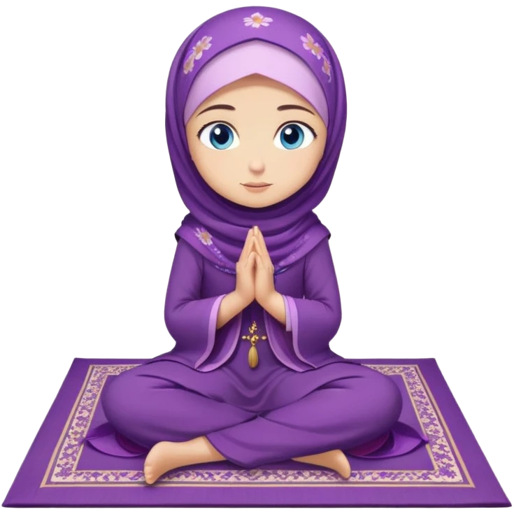 Turkish beautiful finish Konya girl blue eyes with purple flower hijab long tail dress and sits on the pray mat namaz on the ground with dua  emoji