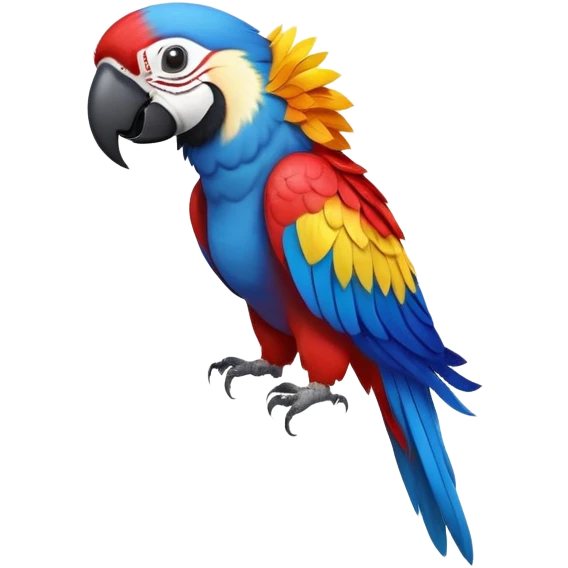 cinematic-macaw-realistic-full-body-standing-emoji,-vibrant-feathers-glowing-with-rich-reds,-blues,-and-yellows,-head-tilted-dramatically,-curved white-beak-gleaming,-piercing-dark-eyes-exuding-confidence,-simplified-yet-realistic-focused emoji