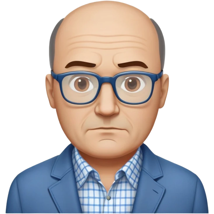 50-year-old heavyset man with wide face and prominent square jawline. Hair only on top of head with completely bald sides (horseshoe pattern baldness). Large dark square glasses. Serious-relaxed expression. Light gray jacket that fits his larger frame, white shirt with blue checkered pattern. emoji