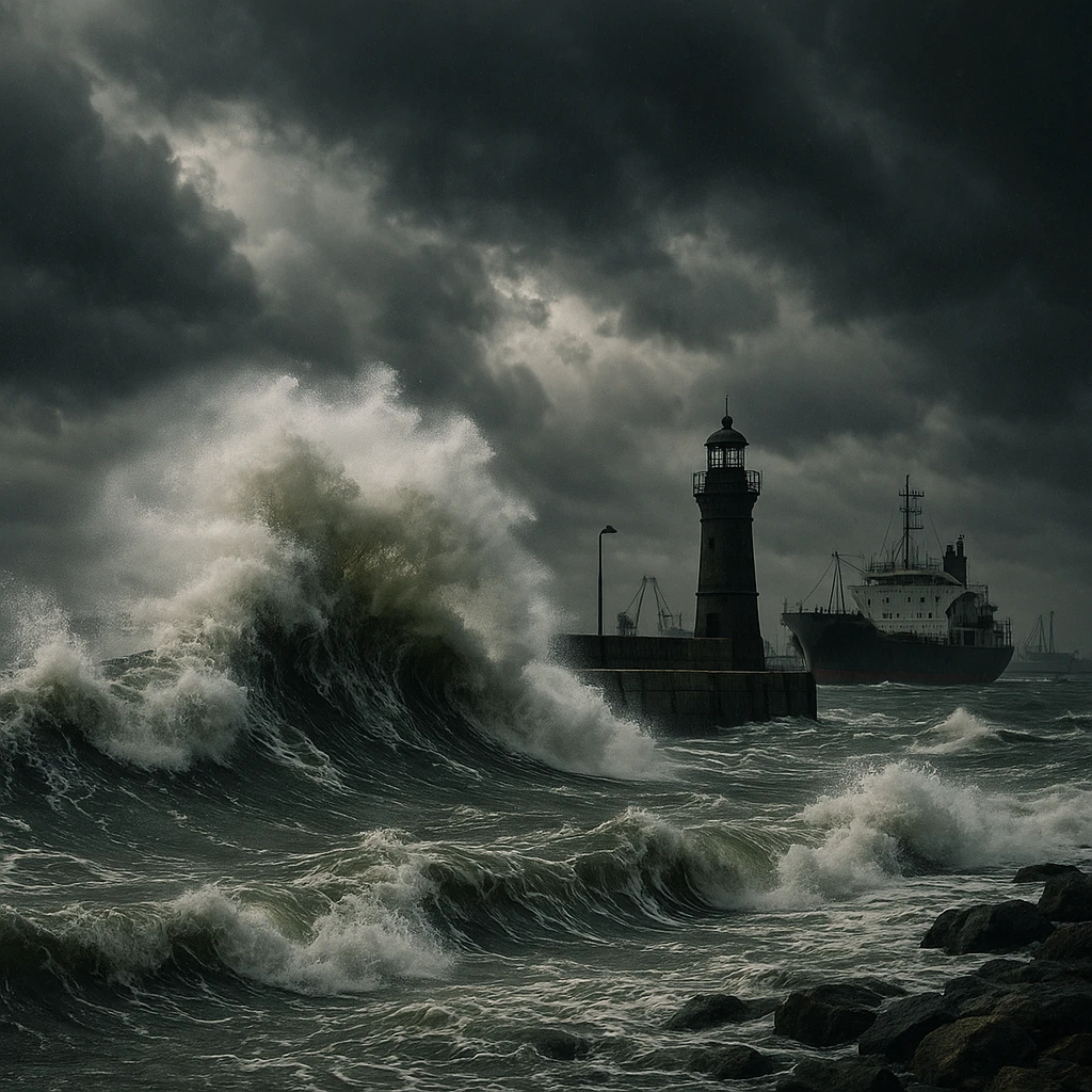 photorealistic port with stormy weather, dramatic waves emoji