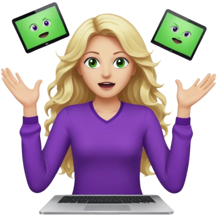 lady with long wavy blonde hair, purple top, green eyes, throwing her with a purple mac laptop hands in the air screaming, looking cross emoji