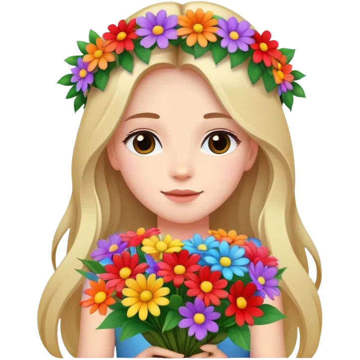 Beautiful girl with long hair and a wreath holding a bouquet of flowers emoji