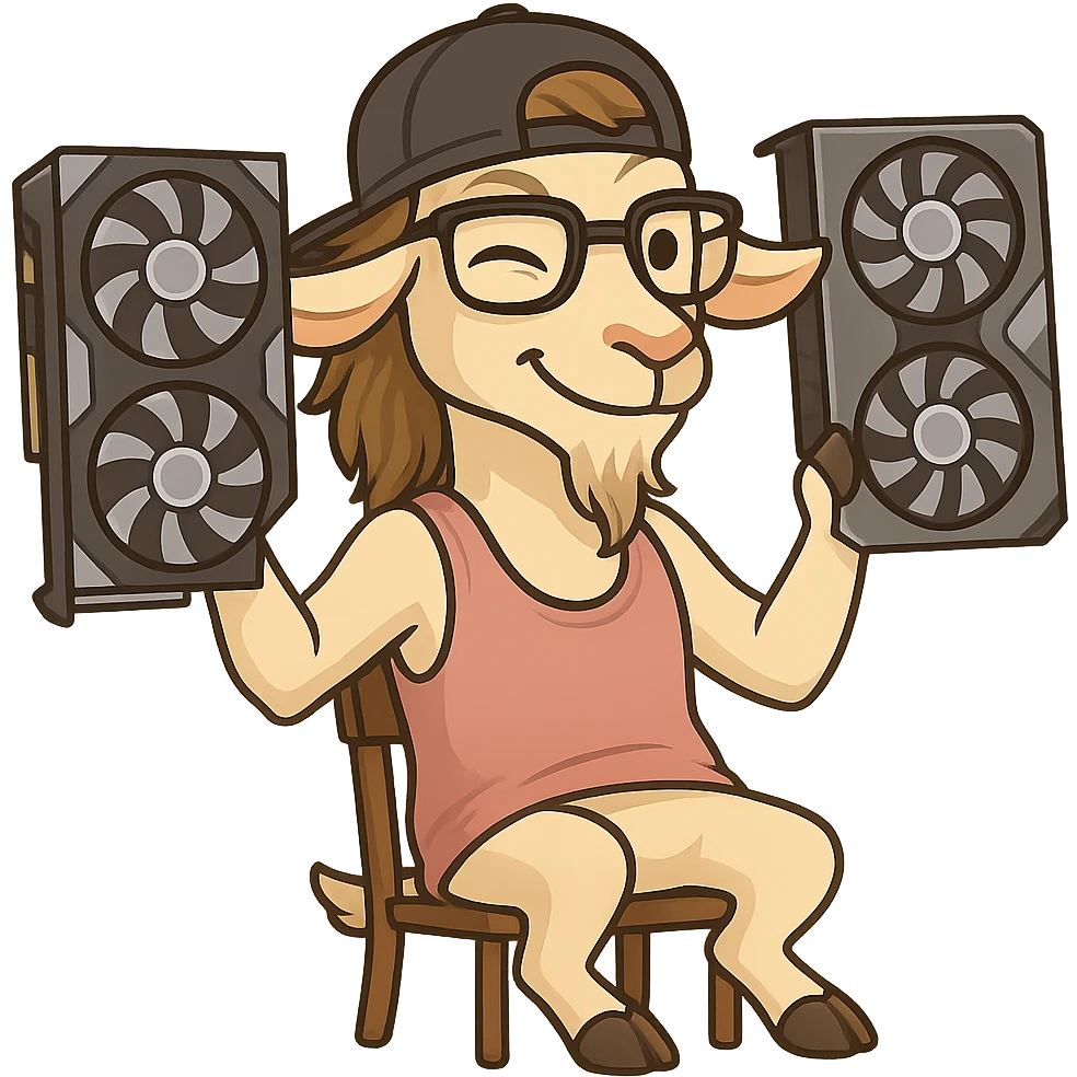 goat for Telegram stickers inspired by reference https://attic.sh/feoducyurkpqwz0la088soao98sx: wearing a cap, glasses, mullet hairstyle, pink drunkard tank top, sitting on a chair, holding a large video card in each hand at shoulder level, winking, pose like in the photo, clean lines, soft gradients. transparent background emoji