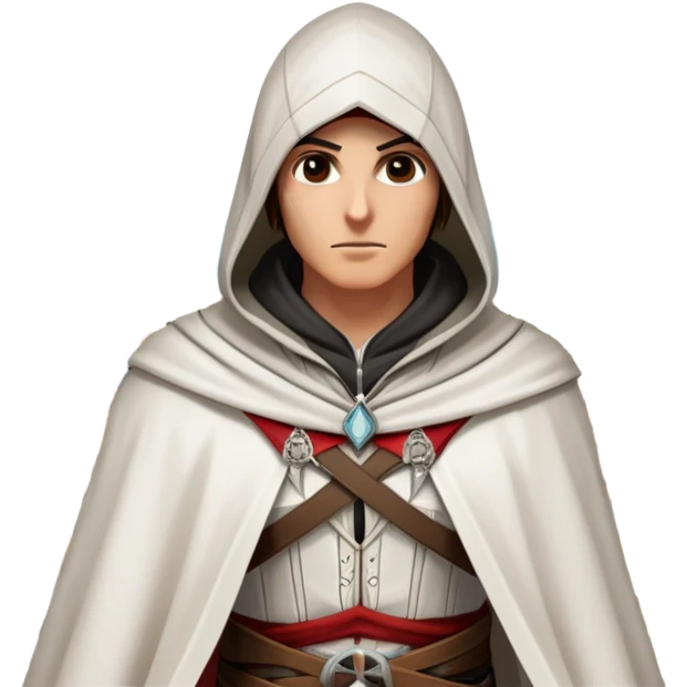 icon featuring Assasin's Creed in an iconic assassin's hood, standing tall against the backdrop of Florence. The design captures the essence of adventure, with intricate details of historical architecture and a sense of mystery. The character is poised, ready for action. transparent background. emoji