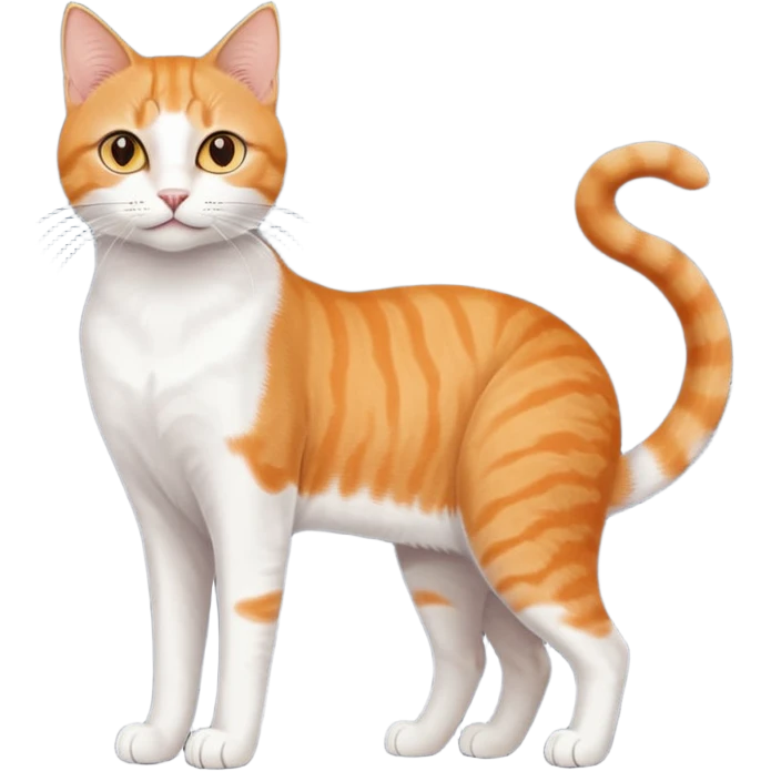 full body realistic orange domestic shorthair slim cat with yellow/orange eyes paw being white and the other being half emoji