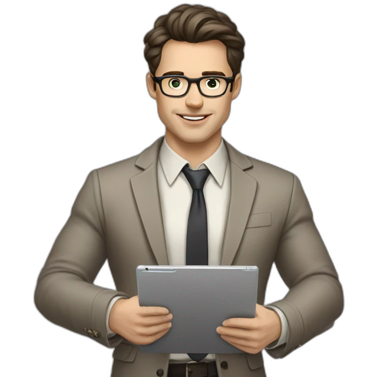 Pale skinned fit man with dark brown hair in gray jacket, beige office shirt, brown tie, brown pants and vintage glasses Writing on the tablet emoji