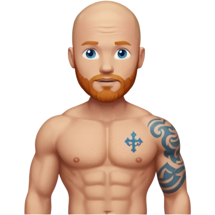 Keep same emoji bald guy with a ginger beard, blue eyes and muscles with "GODBODY"  tattoo across abs stomach only, remove tattoo on right arm emoji