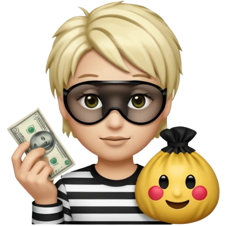Realistic ios emoji-style portrait of a classic burglar, a black eye mask and a black-and-white striped shirt. Highly detailed, natural skin texture, realistic shadows, smooth gradients, glossy reflections in the eyes. emoji-like hair, black hat, an emoji bag of money in a right corner  emoji