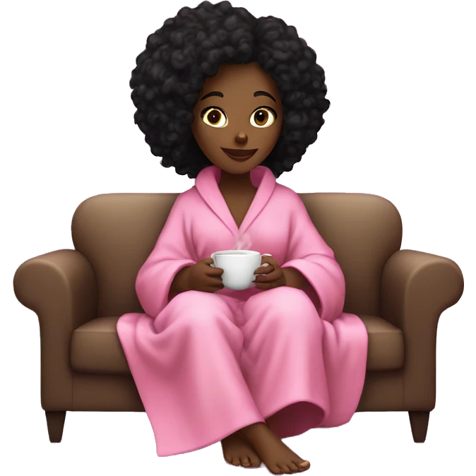 Beautiful black girl being cozy in her pink robe watching a movie and drinking a tea. emoji
