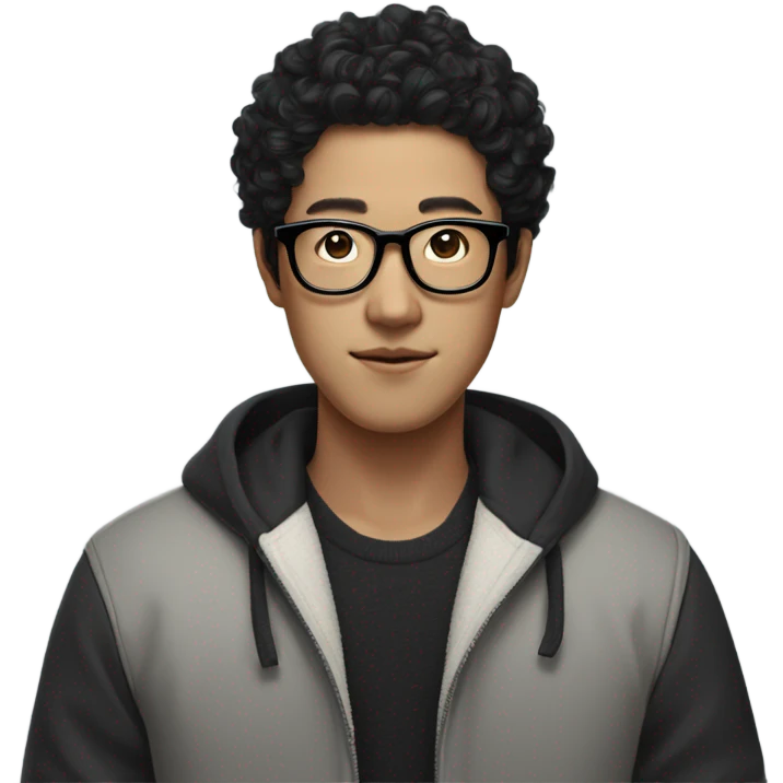 Korean men wearing black curls, black horn-rimmed glasses, and trendy clothes in square space emoji