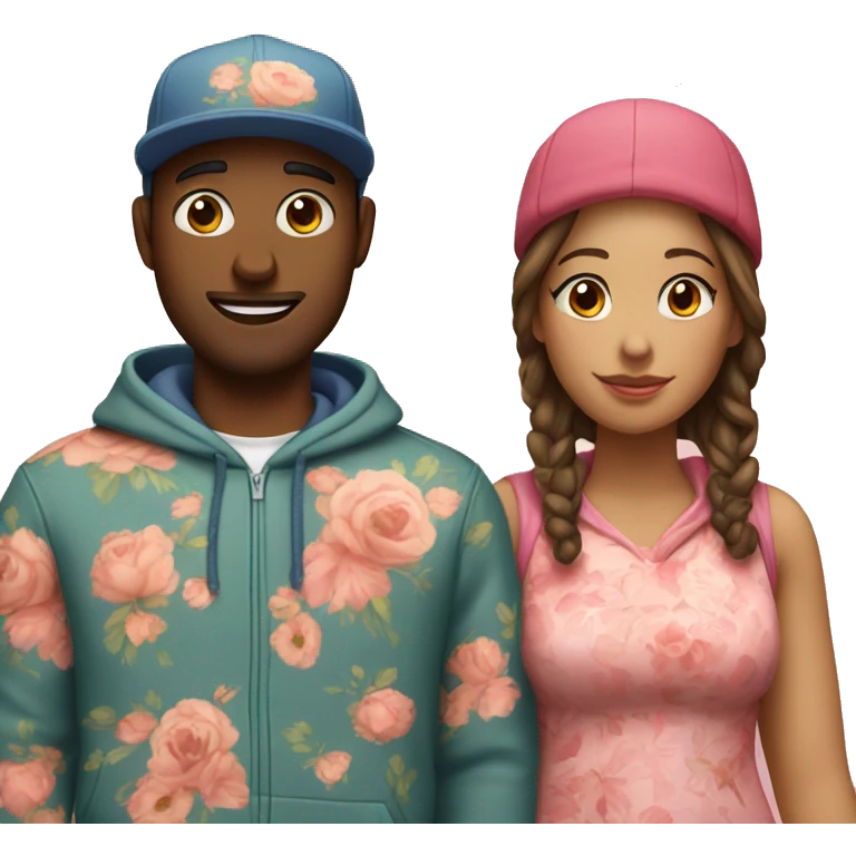 an couple, the man wearing cap and hoodie. the girl wearing an floral dress emoji