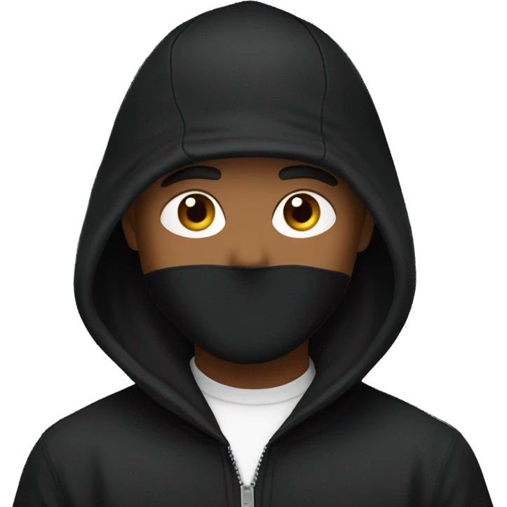  man wearing a black cap with a Nike logo, face covered black , and black hooded jacket emoji