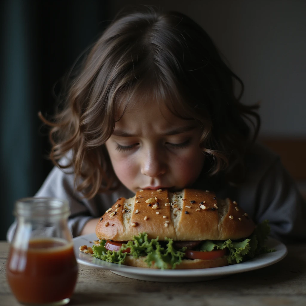 donna triste che mangia insalata, espressione triste, iperrealismo 4K, variazione 4 emoji