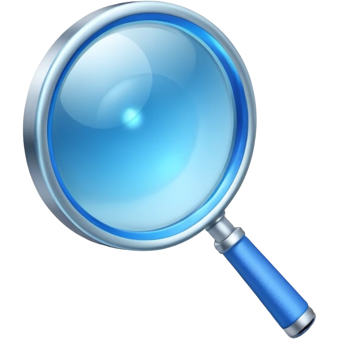 A 3D rendered magnifying glass, tilted right, frosted glass lens, glowing blue light, subtle shadows, purple background, high detail, cinematic lighting, app icon style emoji