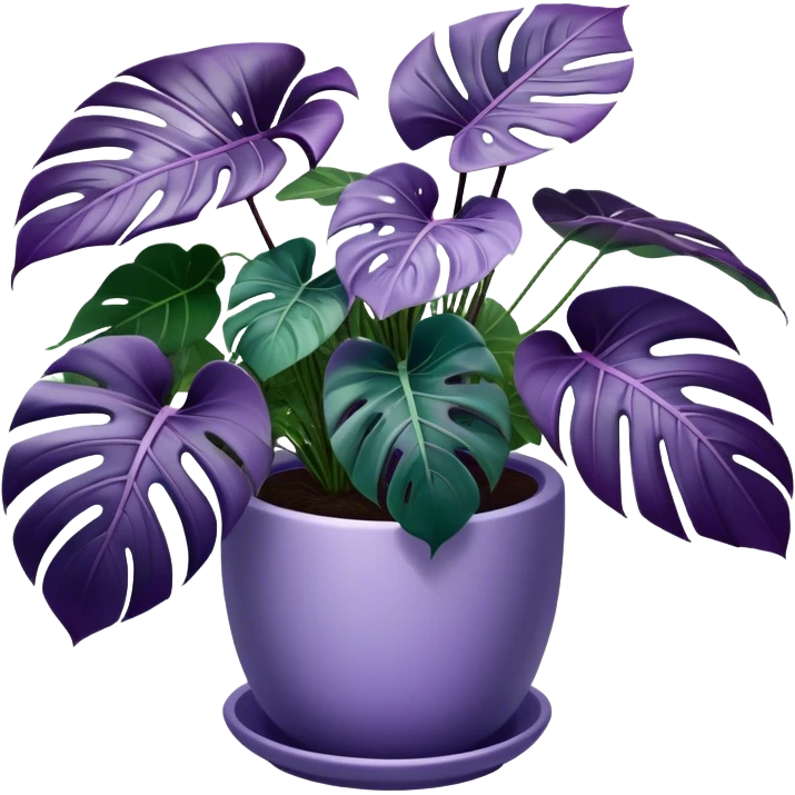 A stunning purple monstera plant with deep violet-green leaves, each leaf elegantly veined with subtle shades of purple, creating an ethereal glow. The plant is flourishing in a beautifully crafted lavender ceramic pot with intricate embossed floral patterns. The background features a softly blurred, moody violet gradient, enhancing the plant’s lush aesthetic. Delicate strands of ivy and tiny lavender blossoms cascade around the pot, adding depth and harmony. Soft, diffused lighting casts a gentle glow, emphasizing the plant’s unique coloration and creating a dreamy, artistic composition. emoji