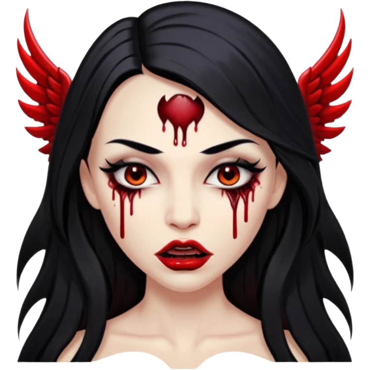 White woman with a white tank top long black hair glossy middle part long hair vamp look with fangs or blood dripping lips mouth closed brown eyes eyeliner winged with lashes top and bottom emoji