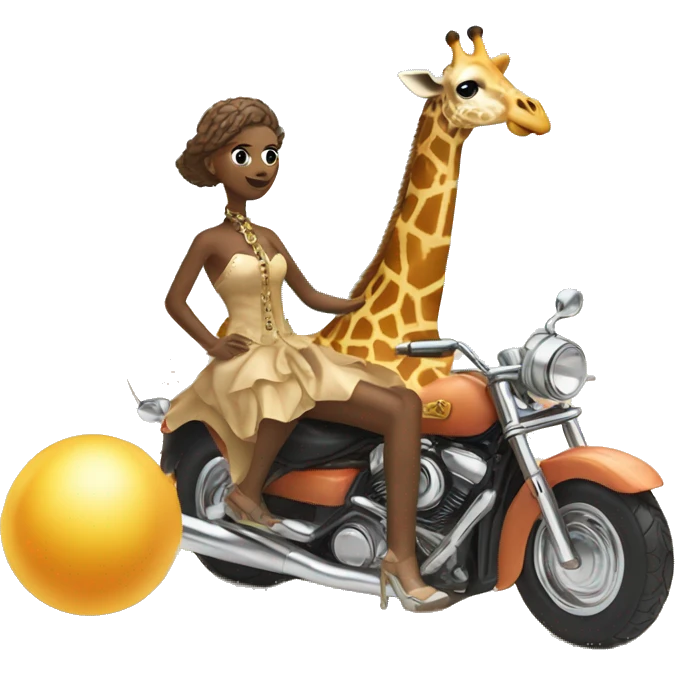 A giraffe wearing a ball gown riding a motorcycle at the beach into a sandcastle  emoji
