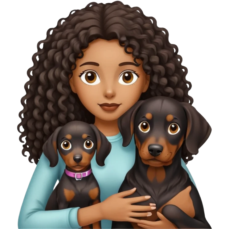 Black girl with long hair holding a Doberman dog emoji