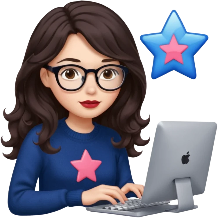 a white young woman with very long wavy dark brown/chocolate hair typing in a computer. she's using glasses, her lips are light red and her cheeks slightly pink. Her eyes are dark brown. She's using a dark blue knit sweater that has a tiny star in the middle   emoji
