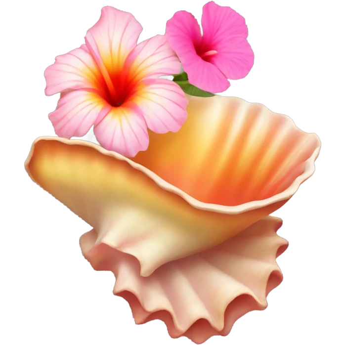 Conch shell with a pink, orange and yellow hibiscus on top  emoji