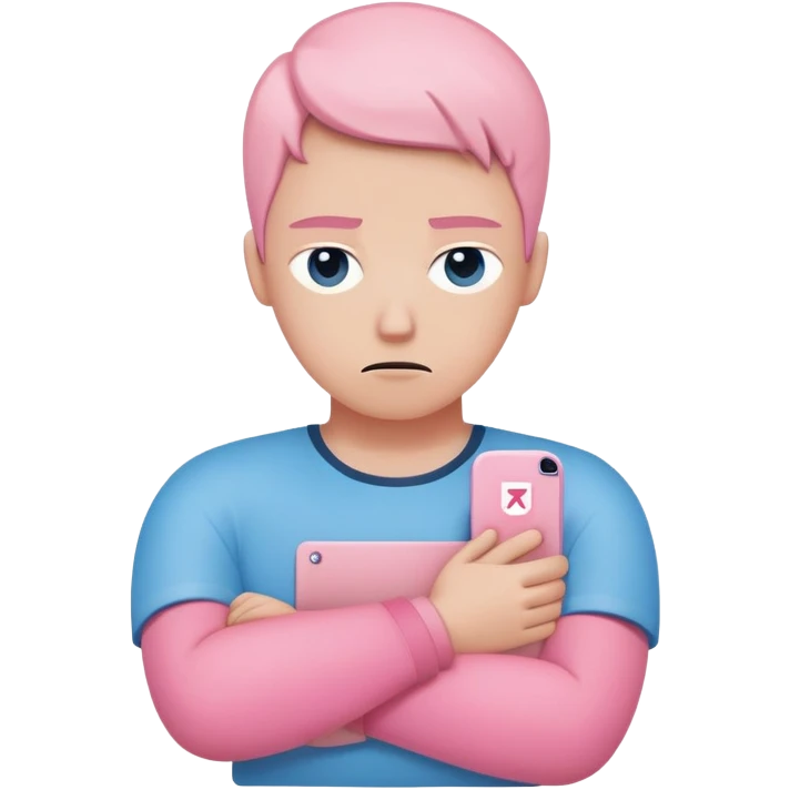 avoidant person with guarded neutral expression and slightly distant eyes, body posture leaning away with arms crossed creating emotional barrier, small shield or wall symbol nearby, phone face down being ignored, minimal soft rounded design with gentle blue and pink colors matching anxious attachment style emoji