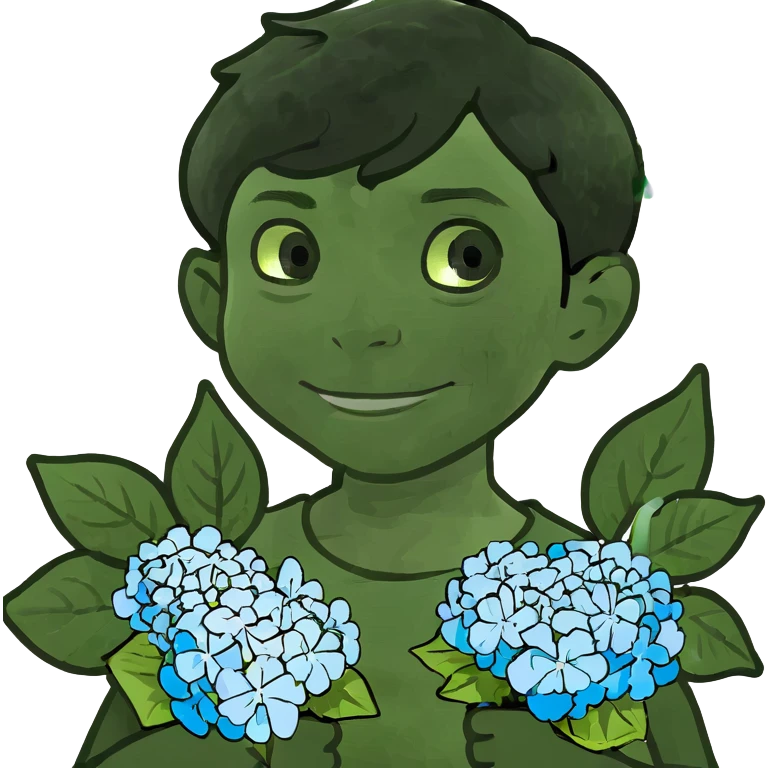 Smiling boy with fair skin and black hair that stands up and green eyes with bouquet of hydrangeas  emoji