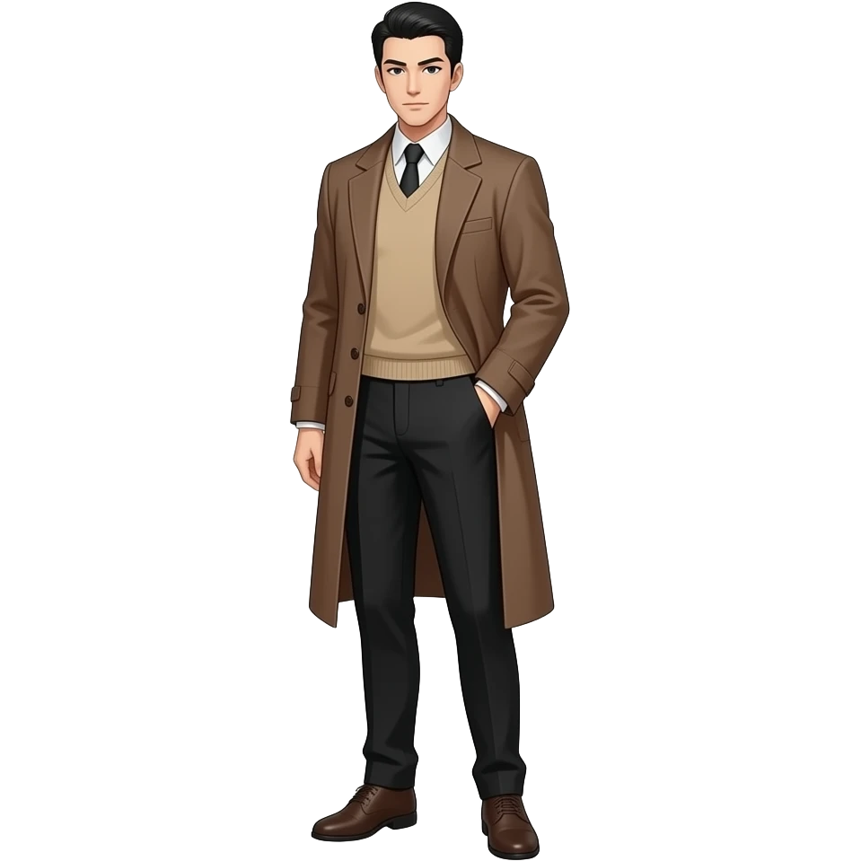Anime male detective brown dress coat and black dress pants and beige dress sweater slick back black hair very tall full body emoji