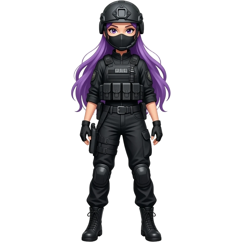 sexy girl with long purple hair wears a SPECIAL TACTICS FORCE OUTFIT BLACK FATIGUE AND COMBAT BOOTS PLATE with a helmet and a mask emoji