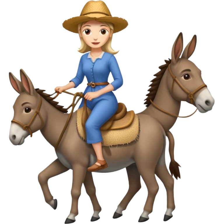 a lady on a donkey while the man is walking alongside the donkey emoji