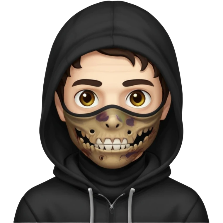 это должен быть юноша, одет в черную худи с балаклавой, глаза цвета хамелион, но более коричневые, выглядит как зомби и еще немного длинные волнистые кудрявые волосы темно коричневого цвета, также добавь темный оттенок на задней фон emoji